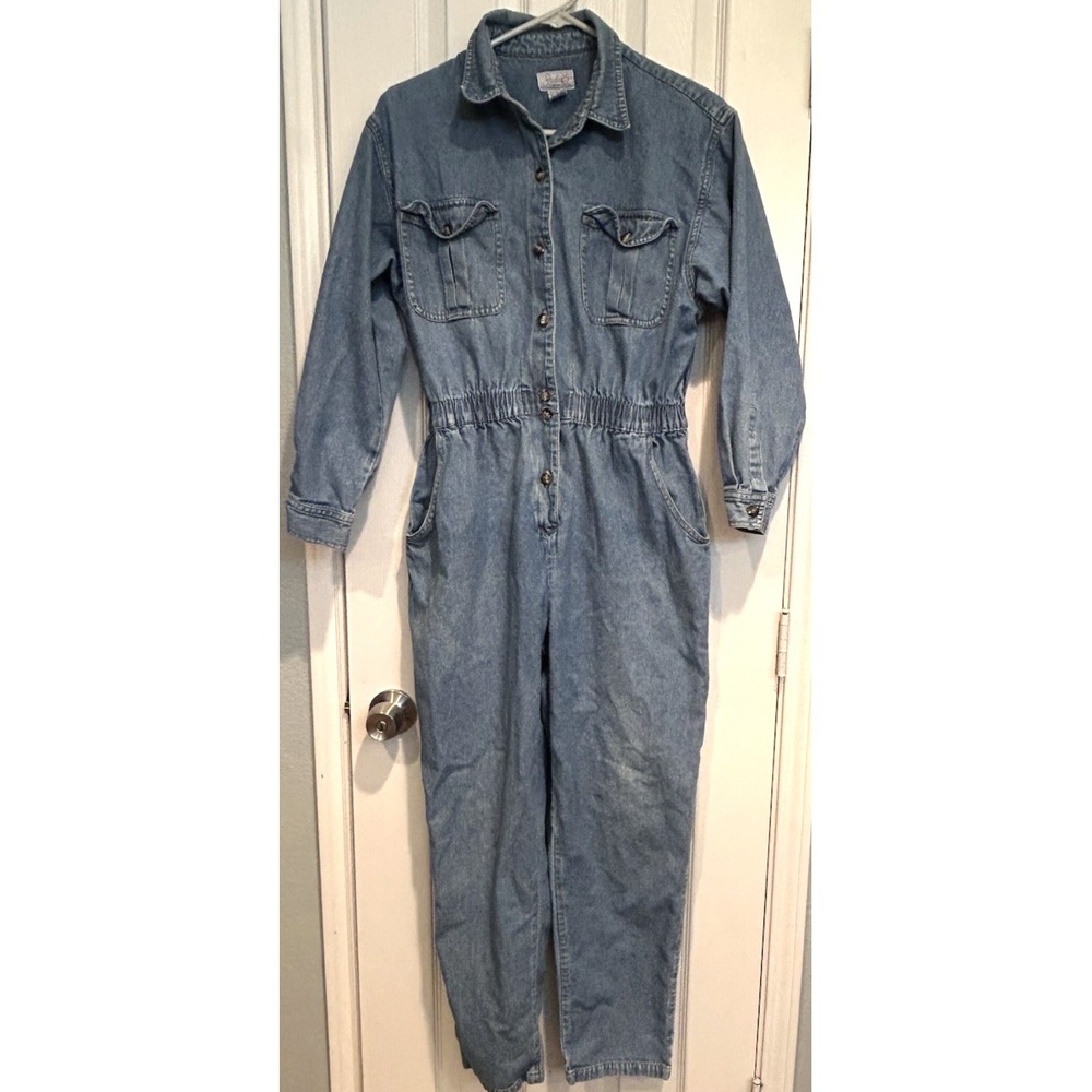 Vtg 80s Studio 25 Denim Boiler Jump Suit Womens L Romper Coveralls One Piece